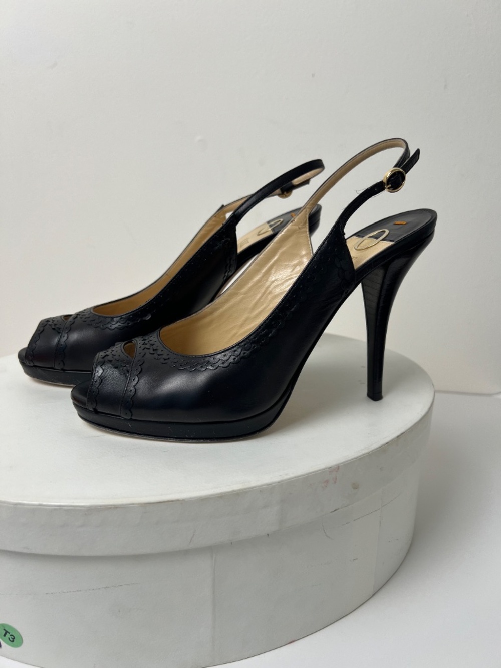 O JOUR  Black Leather Slingback Platform Sandals Heels Pumps Italy Size 37.5